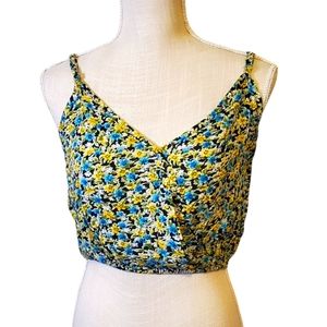 SUGAR 17 | Women's yellow & blue floral double v-neckline crop tanktop. Size M.